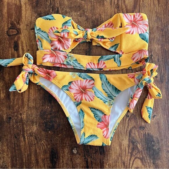 Yellow Tropical Floral Cutout Bandeau Side Tie Bikini - Picture 2 of 8